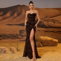 Strapless maxi-avondjurk met luipaardprint en hoge split in de woestijn bij zonsondergang - S / Luipaard Bruin