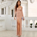 Vestido largo de lentejuelas champán con mangas largas y abertura lateral alta - S / Champán