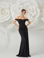 Elegante abito da sera nero con spalle scoperte, corpino a corsetto e gonna con spacco alto - S / Nero