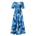 Robe longue à manches courtes avec imprimé patchwork denim et taille nouée - Bleu Denim