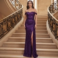 Sparkling deep purple sequin off-shoulder evening gown with high slit and mermaid hem - XS / Purple