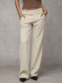 Elegant high-waisted beige wide-leg trousers with double-button waist and smooth drape - S / Off White
