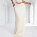 Elegant apricot satin maxi skirt with high waist ruching and silky mermaid silhouette - S / Apricot