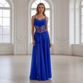 Elegantes königsblaues V-Ausschnitt Spitzenkleid aus Chiffon mit offenem Rücken Design - S / Königsblau