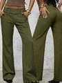 Detail view of olive green high-waisted wide-leg trousers with double metal buttons - S / Army Green