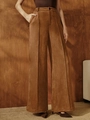 Braune Retro-Wildlederhose mit hoher Taille und weitem Bein für Damen mit Mittelfalte - S / Khaki