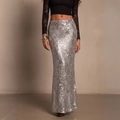 Elegant high-waisted silver sequined maxi skirt with slim fit and fishtail cut for parties - S / Gray