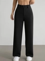 Damenhose mit hoher Taille und weitem Bein in Schwarz, eleganter gerader Schnitt mit Knopf - S / Schwarz