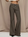 Detail of high-waist flared pants featuring wide belt with silver metal buckle and front pleats - S / Olive Green