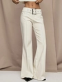 High-waisted cream flare pants with a wide belt and polished silver metal buckle - S / Off White
