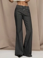 Detail of high waisted dark grey flare pants featuring a wide belt with metallic buckle - S / Gray