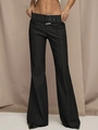 Detail of black wide-leg trousers featuring a wide belt and large silver metal buckle - S / Black