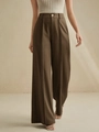Pantaloni larghi a vita alta da donna in marrone scuro con eleganti pieghe verticali - S / caffè
