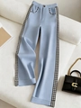 Détail du pantalon taille haute bleu clair avec bordure pied-de-poule et poches - S / Bleu Ciel
