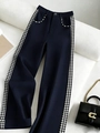 Pantalon taille haute bleu marine à jambes larges avec détails pied-de-poule - S / Noir