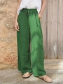 Pantaloni larghi donna in cotone e lino verde scuro con coulisse regolabile in vita - S / Verde