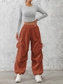 Women's high street cargo pants set with rust red trousers and grey cropped top - S / Caramel color