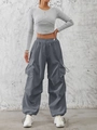 Women's grey long sleeve crop top with zipper and dark grey multi-pocket cargo pants - Dark Gray