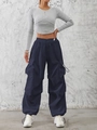 Women's navy blue loose cargo pants with side pockets and grey cropped top - S / Navy Blue
