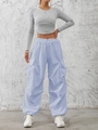 Women's high waist cargo pants with side flap pockets and drawstring hem in street style - Light Blue