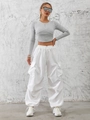 Women's American style white high-waisted cargo pants with side pockets and drawstrings - White