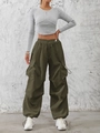 Women street style outfit with grey cropped hoodie and olive green cargo pants with pockets - S / Army Green