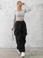 Women's high waist black cargo pants with side pockets and a drawstring waist detail - Black