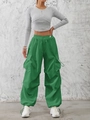 Women's baggy grass green cargo pants with drawstring waist and large flap pockets - S / Green
