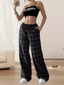 Damen Karo-Hose mit hohem Bund, Kordelzug und weitem Bein in dunkelblauem Schottenmuster - S / Braun