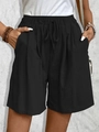 Women's black high-waisted casual shorts with drawstring elastic waist and side pockets - Black