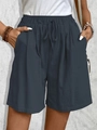 Women's casual high-waisted drawstring shorts in dark grey blue with side pockets - Navy Blue