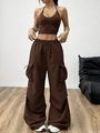 Dunkelbraunes Damen-Cargohosen-Set mit hoher Taille, weitem Bein und Seitentaschen - S / Dunkelbraun