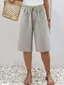 Pantaloncini donna a vita alta verde salvia con coulisse elastica e tasche a toppa - S / Grigio chiaro