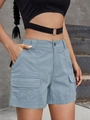 Women's summer high-waisted cargo shorts in light grey blue with large flap pockets - Light Blue