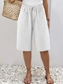 Pantaloncini bianchi da donna a vita alta in cotone e lino con coulisse e tasche - S / Bianco