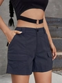 Women's navy blue cargo shorts with flap pockets and black cut-out vest set - Navy Blue