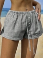 Damen-Shorts mit hoher Taille, schwarz-weißen Streifen, Kordelzug und Zierknöpfen aus Leinen - S / Schwarz