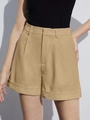 Khaki Damen-Shorts mit hoher Taille, Faltenwurf und umgeschlagenem Saum im Design - S / Camel