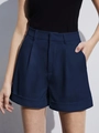 Dunkelblaue High-Waist-Shorts mit umgeschlagenem Saum und Seitentaschen im schlichten Design - S / Marineblau