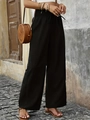 Pantaloni a gamba larga in lino a vita alta con coulisse in nero, stile bohémien vacanza - S / Nero