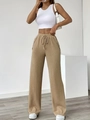 Pantalon large kaki à taille haute pour femme avec cordon de serrage et boutons - S / Kaki