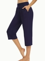 Dames capribroek in marineblauw van ijszijde, sneldrogend met hoge taille en zijzakken - S / Zwart