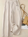 Pantaloni a gamba larga in cotone e lino beige con vita elastica e coulisse - S / Bianco latte