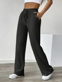 Pantalon large noir pour femme en tissu froissé avec cordon et poches boutonnées - S / Noir