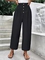 Pantaloni a vita alta gamba larga neri da donna con dettagli bottoni dorati - S / Nero