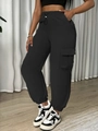 Women's plus size black high waist cargo joggers with drawstring and large side pockets - XL / Black