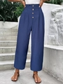 Pantaloni blu scuro a vita alta a gamba larga con bottoni e design a pieghe casual - S / Blu Reale