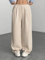 Pantaloni a gamba larga in velluto a coste beige a vita alta con coulisse regolabile - S / Albicocca