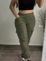 Olive green high waist cargo pants with drawstring and large side pockets for women - XL / Army Green
