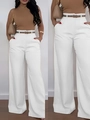 Elegant high-waisted white wide-leg trousers with brown belt for women's office wear - S / White